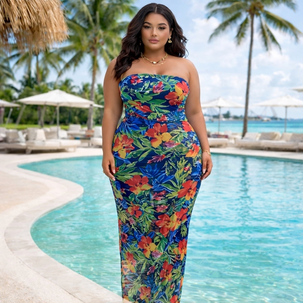 NWT Lilly's Kloset tropical resortwear stretch mesh strapless dress L maxi - Picture 2 of 9